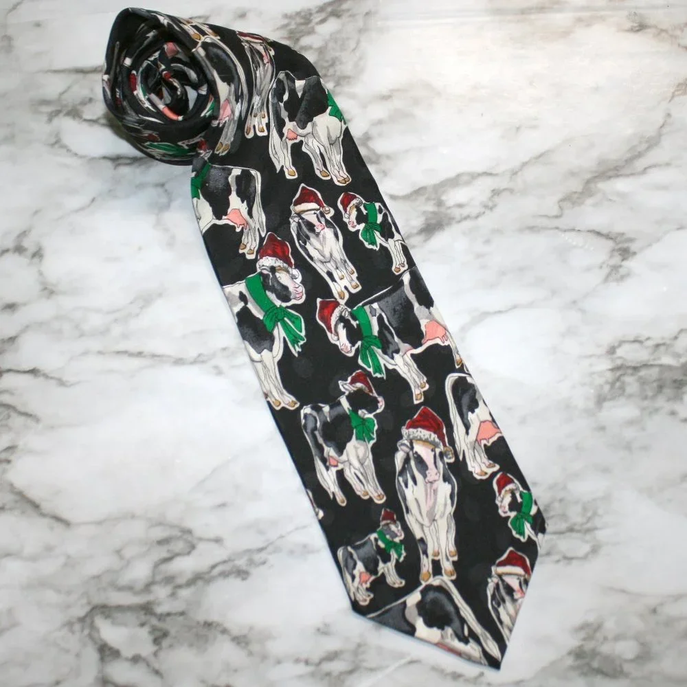 ADDICTION Christmas Cow Holiday Neck Tie Holstein Stocking Cap Silk Menswear